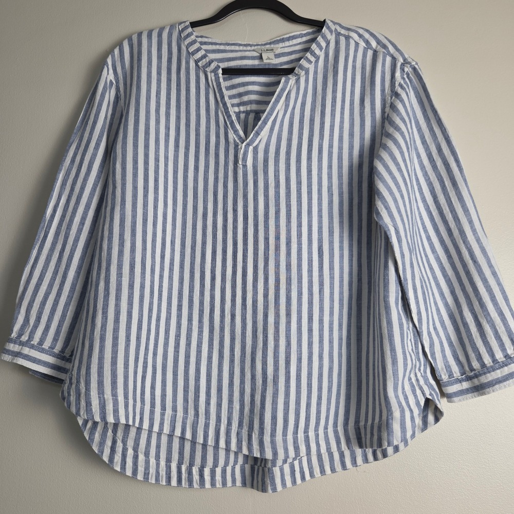 LL Bean Womens Large Blue White Striped 100% Linen Split Neck 3/4 Sleeve Top